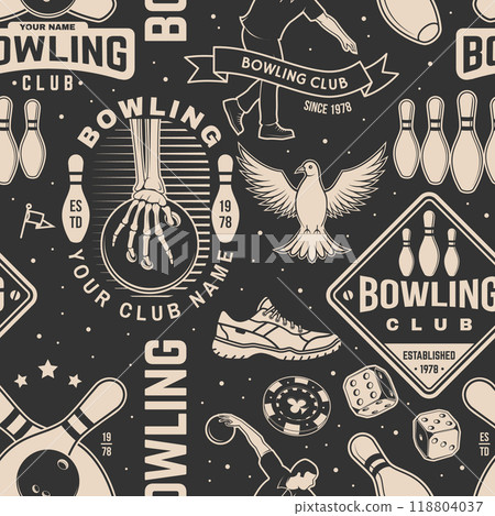 Bowling sports club seamless pattern. Vector illustration. Vintage monochrome label, sticker, patch with bowling ball and athlete bowling shoot pins silhouettes. 118804037