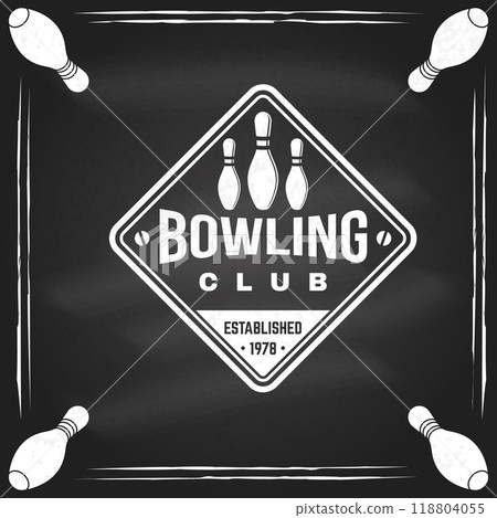 Bowling Academy logo, badge design on the chalkboard. Vintage design with bowling pin silhouette. Vector. Bowling Academy logo, badge design on the chalkboard. Vintage design with bowling pin silhouette. Vector. 118804055