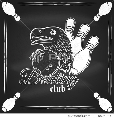 Bowling sports club logo, badge design on the chalkboard. Vintage design with eagle and bowling ball silhouette. Vector. 118804083