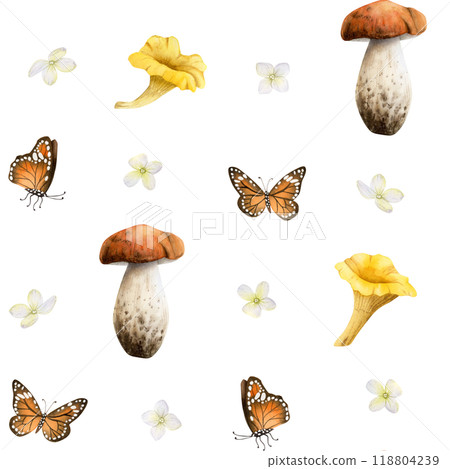 Forest edible mushrooms with orange monarch butterflies and white Hydrangea flowers watercolor seamless pattern. Boletus and golden chanterelles with fall flying insects background in yellow and brown 118804239