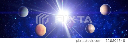 Fiery explosion in space. Abstract illustration of universe. Space background. Bright Star Nebula. Distant galaxy. Abstract image. Elements of this image furnished by NASA. 118804348