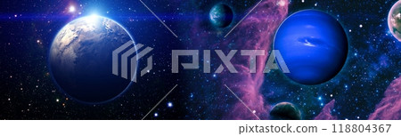 Earth from space. Earth globe with stars and nebula background. Earth, Galaxy and Sun from space. Blue Sunrise.Elements of this image furnished by NASA. 118804367