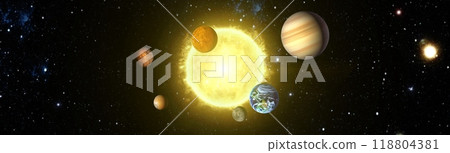Fiery explosion in space. Abstract illustration of universe. Space background. Bright Star Nebula. Distant galaxy. Abstract image. Elements of this image furnished by NASA. 118804381