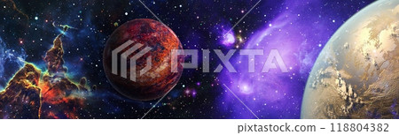 Fiery explosion in space. Abstract illustration of universe. Space background. Bright Star Nebula. Distant galaxy. Abstract image. Elements of this image furnished by NASA. 118804382
