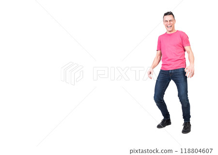 Cheerful man laughing with closed eyes. White background 118804607