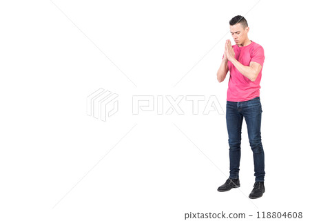 Peaceful man praying with closed eyes Peaceful man praying with closed eyes 118804608