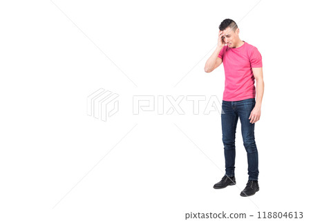 Melancholic man touching face and crying in white studio 118804613