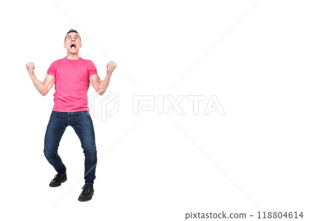 Hysterical guy with clenched fists shouting against white background 118804614