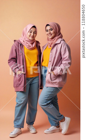 Two asian female friends posing together wearing hijab and pastel outfits 118804650