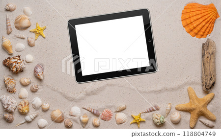 Summer, beach and vacation concept with free text space. Top view. Flat layout with various sea shells, sea stars, driftwood on the left, right and lower side on fine sandy background and a blank Summer, beach and vacation concept with free text space. Top view. Flat layout with various sea shells, sea stars, driftwood on the left, right and lower side on fine sandy background and a blank 118804749
