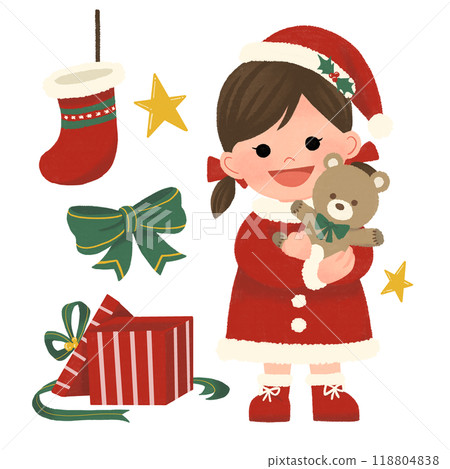 Hand drawn illustration of a girl dressed as Santa receiving a Christmas gift 118804838