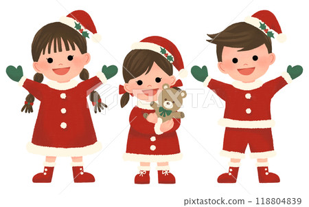 Hand-drawn illustration of kids wearing Santa clothes and enjoying Christmas 118804839