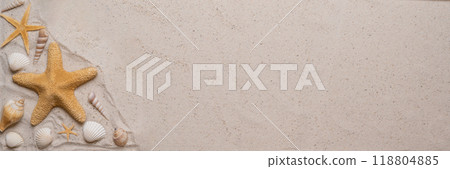Summer, beach and vacation concept with free text space. Top view. Flat layout as wide banner format with various sea shells and sea stars on fine sandy background 118804885