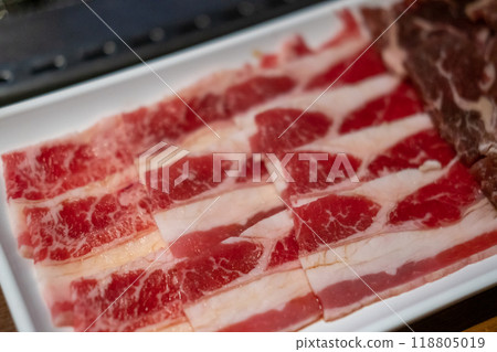 Korean Style sliced meat on plate. BBQ rare meat with soft focus Korean Style sliced meat on plate. BBQ rare meat with soft focus 118805019
