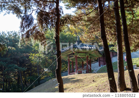 Mirohanjeong Pavilion, a hexagon pavilion on the hill at Suwon Hwaseong Palace, South Korea with autumn landscape. The traditional Chinese text is its name, means a pavilion for relaxing in old age. Mirohanjeong Pavilion, a hexagon pavilion on the hill at Suwon Hwaseong Palace, South Korea with autumn landscape. The traditional Chinese text is its name, means a pavilion for relaxing in old age. 118805022