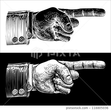 Hand Pointing Finger Etched Vintage Woodcut Style 118805036