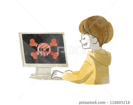 Malicious man operating a personal computer - watercolor 118805218