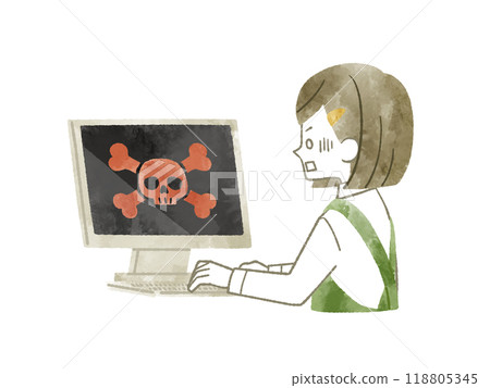 A woman wearing an apron experiencing serious computer problems - watercolor 118805345