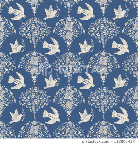 Birds and scallop winter holidays seamless pattern. Flying pigeon holding an tree branch repeat Birds and scallop winter holidays seamless pattern. Flying pigeon holding an tree branch repeat 118805437
