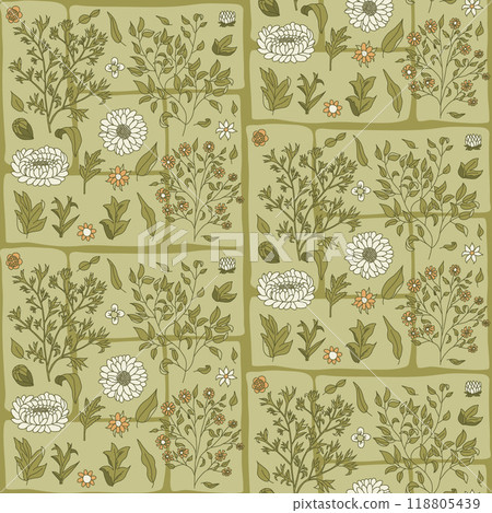 Seamless pattern with white chrysanthemums and leafy branches on a block green background. Vector Seamless pattern with white chrysanthemums and leafy branches on a block green background. Vector 118805439