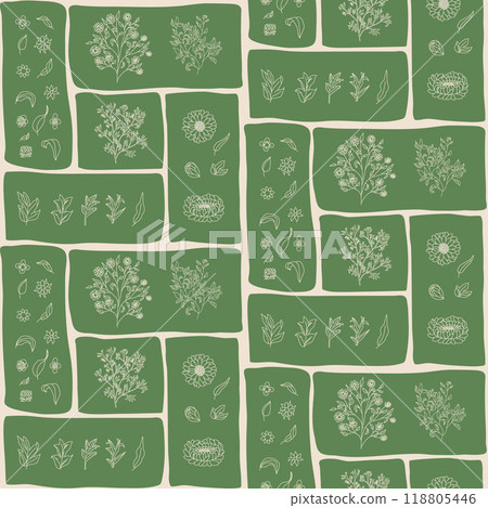 Patchwork seamless pattern with various floral and botanical elements arranged in rectangular Patchwork seamless pattern with various floral and botanical elements arranged in rectangular 118805446