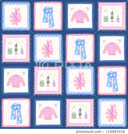 Winter quilted seamless pattern. Cozy clothing, Christmas baubles, candles endless background Winter quilted seamless pattern. Cozy clothing, Christmas baubles, candles endless background 118805456