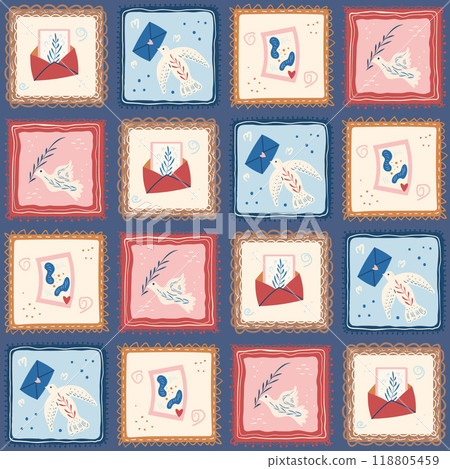 Carrier pigeon patchwork seamless pattern. Birds with lettres quilted endless background. Surface Carrier pigeon patchwork seamless pattern. Birds with lettres quilted endless background. Surface 118805459
