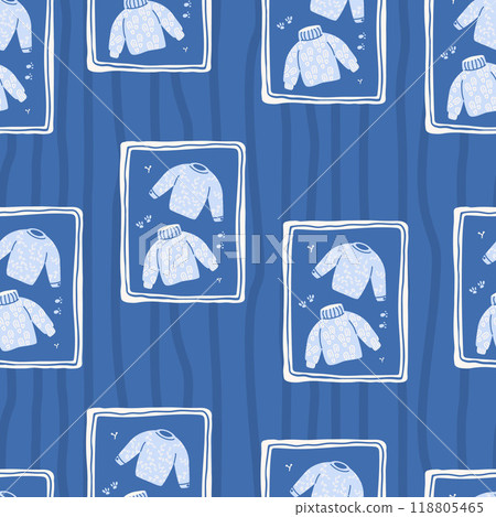 Sweater rectangle emblem seamless pattern. Festive cozy clothing endless background. Winter seasonal Sweater rectangle emblem seamless pattern. Festive cozy clothing endless background. Winter seasonal 118805465