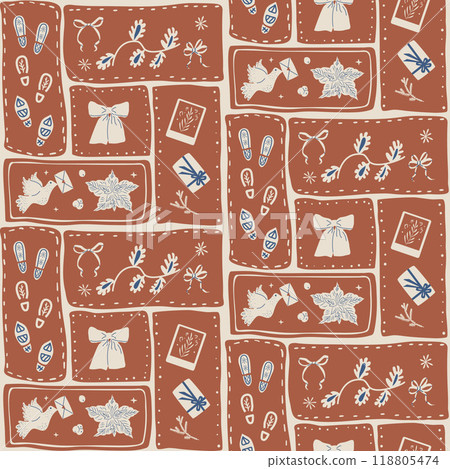 Seamless pattern with festive holiday elements. Doves, snowflakes, candles and gifts in blue and 118805474