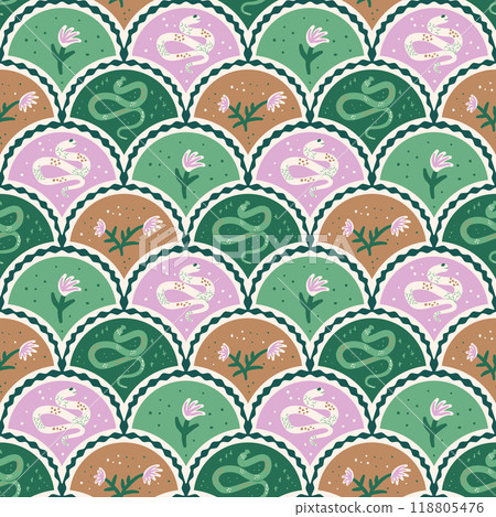 Snakes scallop seamless pattern. Reptiles and flowers arch repeat background. Animal surface pattern Snakes scallop seamless pattern. Reptiles and flowers arch repeat background. Animal surface pattern 118805476