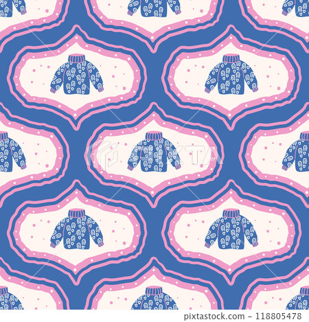 Sweater damask seamless pattern. Winter cozy clothing oggi endless background. Preppy colors 118805478