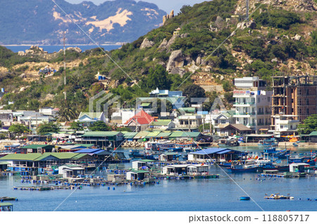 Floating Fish Farms On The Sea And Landscape Of Binh Hung Island In Khanh Hoa Province. Floating Fish Farms On The Sea And Landscape Of Binh Hung Island In Khanh Hoa Province. 118805717