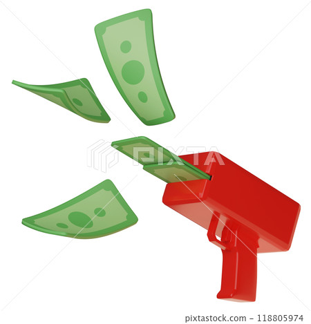 Money Gun Cash Cannon 3D graphics with money pouring out Money Gun Cash Cannon 3D graphics with money pouring out 118805974