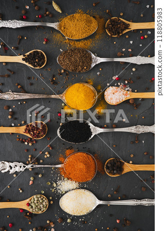 The spicy world of exotic spices on spoons The spicy world of exotic spices on spoons 118805983