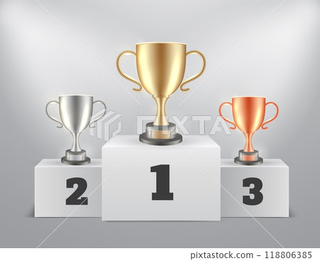 Winners podium with cups spotlights. Champion pedestal, vector illusration in realistic style 118806385