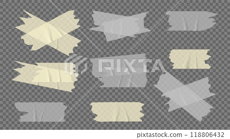 Vector set of white and yellow transparent adhesive tape. Adhesive strip. Vector torn pieces of masking tape 118806432