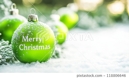 Green Christmas Ornaments in Snowy Winter Setting. High quality photo 118806646