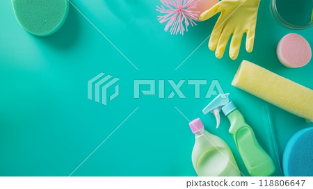 Cleaning Supplies on Bright Turquoise Background. High quality photo 118806647