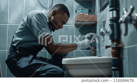 Plumber Repairing Sink in Bathroom. High quality photo Plumber Repairing Sink in Bathroom. High quality photo 118806678