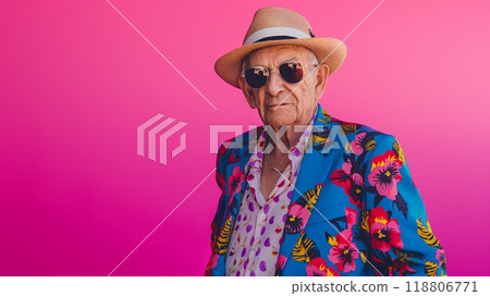 Elderly Man in Stylish Floral Suit with Sunglasses Against Pink Background. High quality photo Elderly Man in Stylish Floral Suit with Sunglasses Against Pink Background. High quality photo 118806771