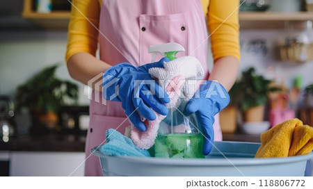 Household Cleaning: Person Washing Dishes with Gloves. High quality photo 118806772