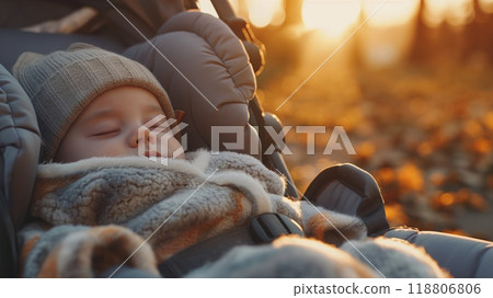 Baby Sleeping Peacefully in Stroller at Sunset: Cozy Autumn Walk. High quality photo 118806806