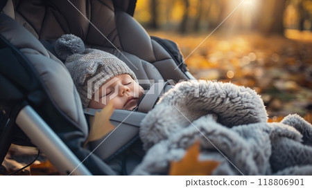 Sleeping Baby in a Stroller During Fall: Cozy Autumn Vibes. High quality photo 118806901