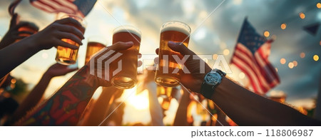 Group of People Raising Beer Glasses in Celebration. High quality photo Group of People Raising Beer Glasses in Celebration. High quality photo 118806987