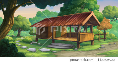 Illustration of a small hut in the garden next to the house. 118806988
