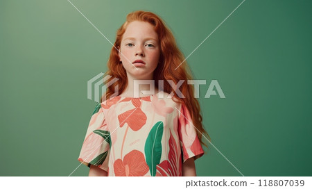 Redhead Girl in Green Background with Pink Floral Dress. High quality photo 118807039