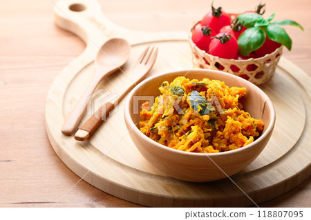 Pumpkin salad: A salad made with sweet, steamy pumpkin tossed in mayonnaise. 118807095