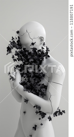 White Sculpture with Black Flowers in Minimalist Design. High quality photo 118807191