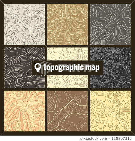 Colorful topographic map with contour lines. Geographic terrain grid, relief height elevation. Ground path pattern. Travel and navigation, cartography design element. Vector illustration Colorful topographic map with contour lines. Geographic terrain grid, relief height elevation. Ground path pattern. Travel and navigation, cartography design element. Vector illustration 118807313