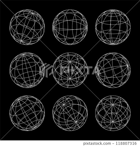 Wireframe shapes, lined sphere. Perspective mesh, 3d grid. Low poly geometric elements. Retro futuristic design elements, y2k, vaporwave and synthwave style. Vector illustration Wireframe shapes, lined sphere. Perspective mesh, 3d grid. Low poly geometric elements. Retro futuristic design elements, y2k, vaporwave and synthwave style. Vector illustration 118807316